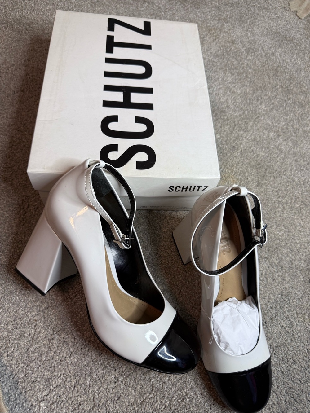 SCHUTZ Two-Tone Patent Mary Jane Pumps in White and Black